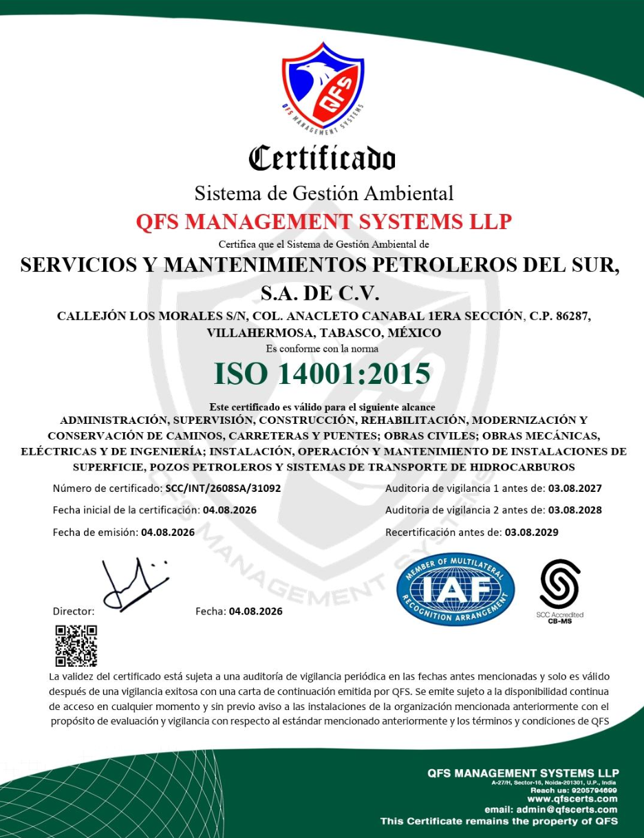 Certificado ISO 14001:2015 — Gestión Ambiental, SERMANPET