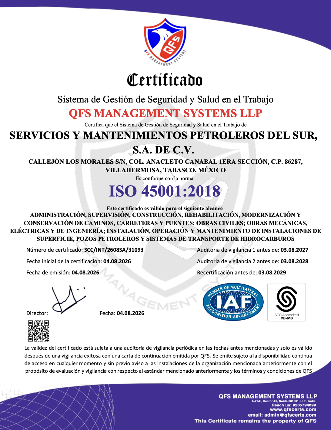 Certificado ISO 45001:2018 — Seguridad y Salud en el Trabajo, SERMANPET