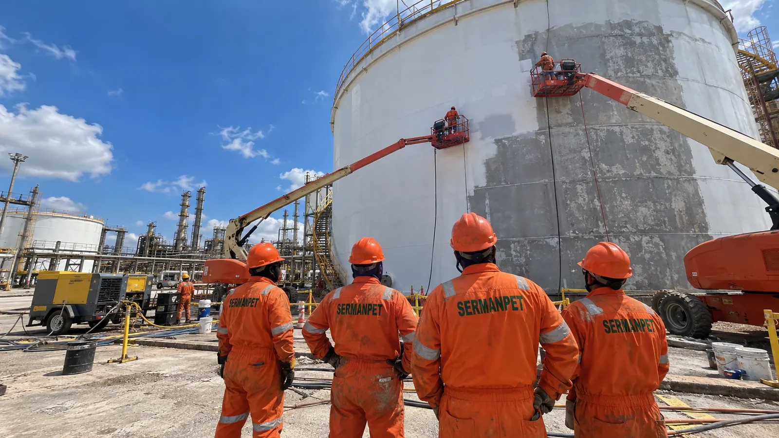 Cuadrilla de SERMANPET repintando un tanque de almacenamiento con plataformas elevadoras
